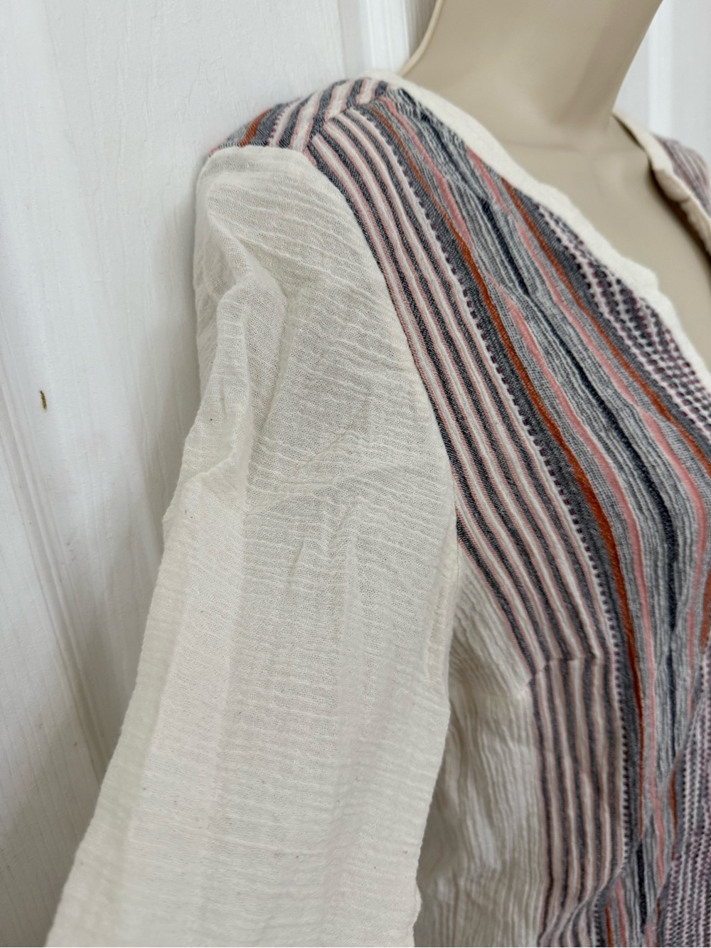 Liverpool Los Angeles Cream Boho Stripe Button Front Peasant Blouse XS - Picture 6 of 14